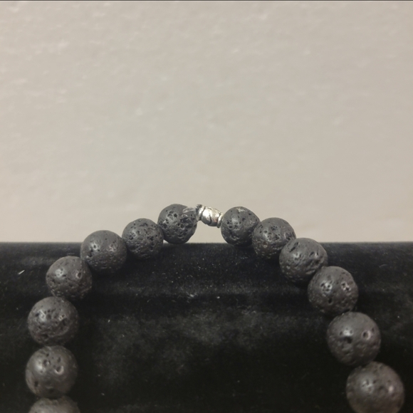 Men's Black Lava, Blue, and Wooden Beaded Stretch Bracelet with Skeleton - Picture 7 of 8